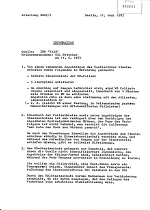 Information von IMB "Feld" über Aktivitäten der Westberliner Polizei anlässlich des Besuchs von Ronald Reagan