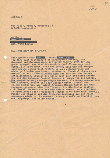 Vom MfS abgeschriebener Dankesbrief von Peter Neuber