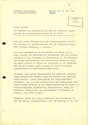 Stimmungsbericht zur Reaktion der Bevölkerung auf den Rücktritt Willy Brandts