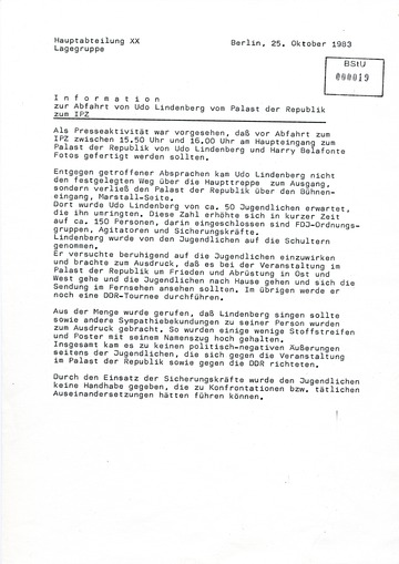 Information zur Abfahrt Udo Lindenbergs vom Palast der Republik zum IPZ