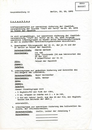 Kräfteeinsatzplan zur Sicherung des Udo-Lindenberg-Konzertes am 25.10.1983
