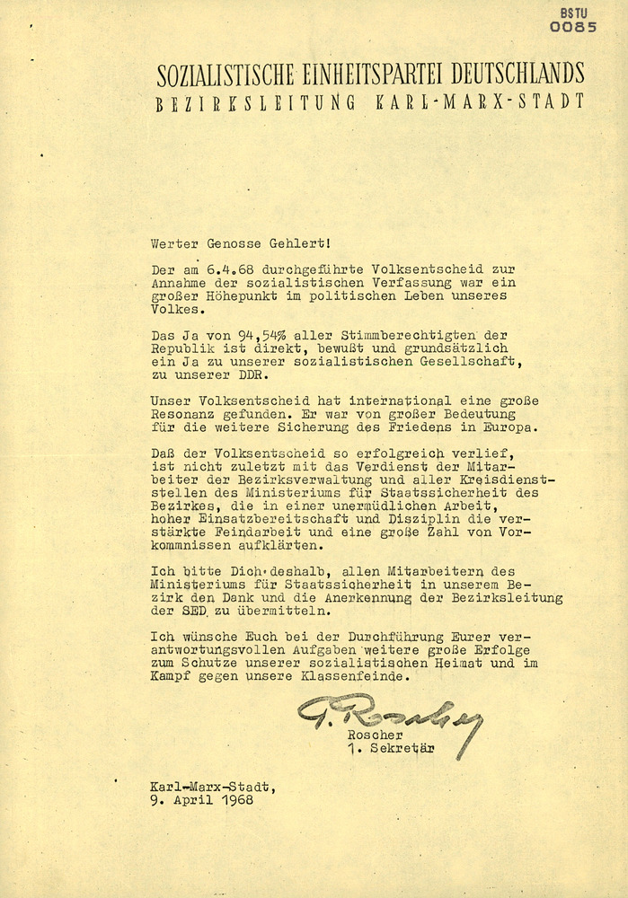 Dankschreiben der SED-Bezirksleitung Karl-Marx-Stadt zum erfolgreichen Volksentscheid 1968