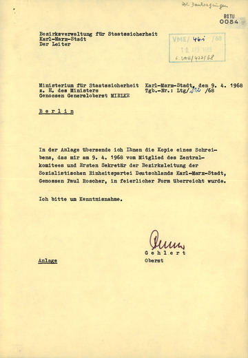 Dankschreiben der SED-Bezirksleitung Karl-Marx-Stadt zum erfolgreichen Volksentscheid 1968