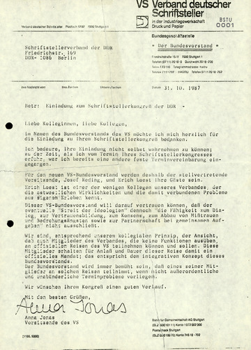 Antwortschreiben der VS-Bundesvorsitzenden Anna Jonas auf die Einladung zum X. Schriftstellerkongress der DDR