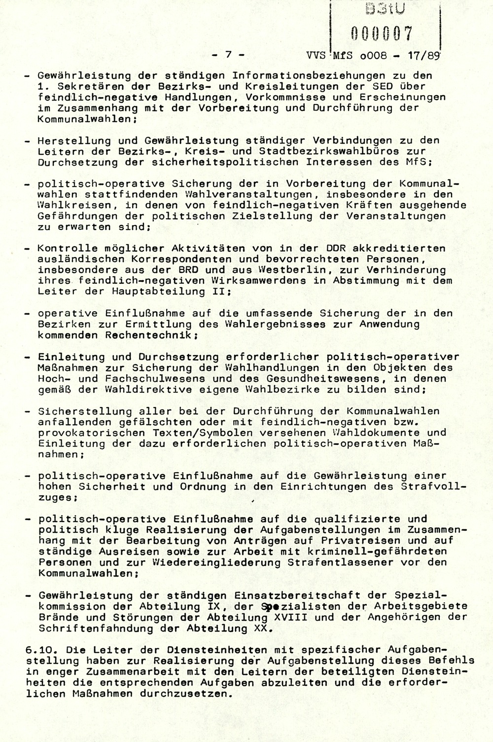 Befehl 6/89 zur politisch-operativen Sicherung der Vorbereitung und Durchführung der Kommunalwahlen im Mai 1989