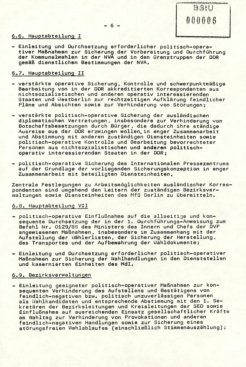Befehl 6/89 zur politisch-operativen Sicherung der Vorbereitung und Durchführung der Kommunalwahlen im Mai 1989