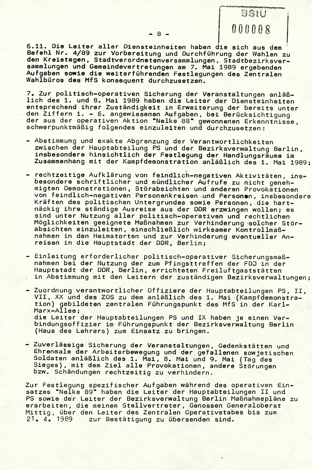 Befehl 6/89 zur politisch-operativen Sicherung der Vorbereitung und Durchführung der Kommunalwahlen im Mai 1989