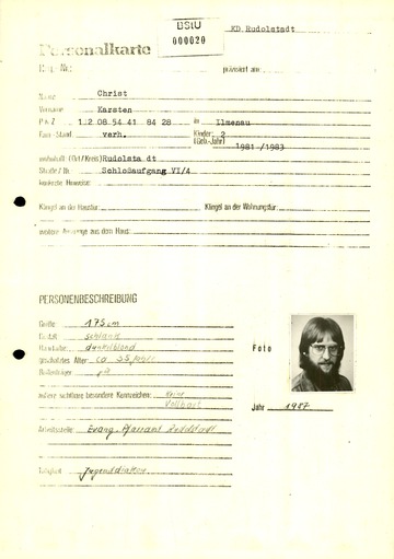 Personalkarte zu einem nach Direktive 1/67 zu isolierenden DDR-Bürgers