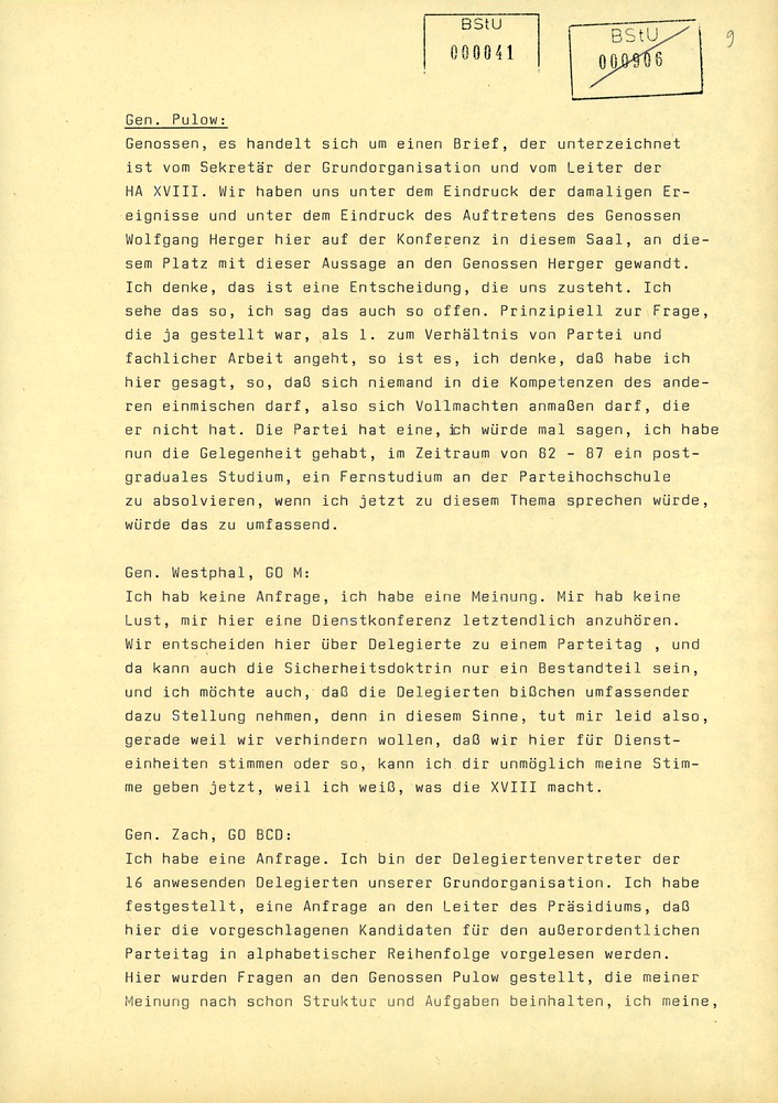 Protokoll der Delegiertenkonferenz aller Grundorganisationen der SED in der Zentrale des AfNS