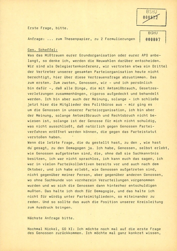 Protokoll der Delegiertenkonferenz aller Grundorganisationen der SED in der Zentrale des AfNS