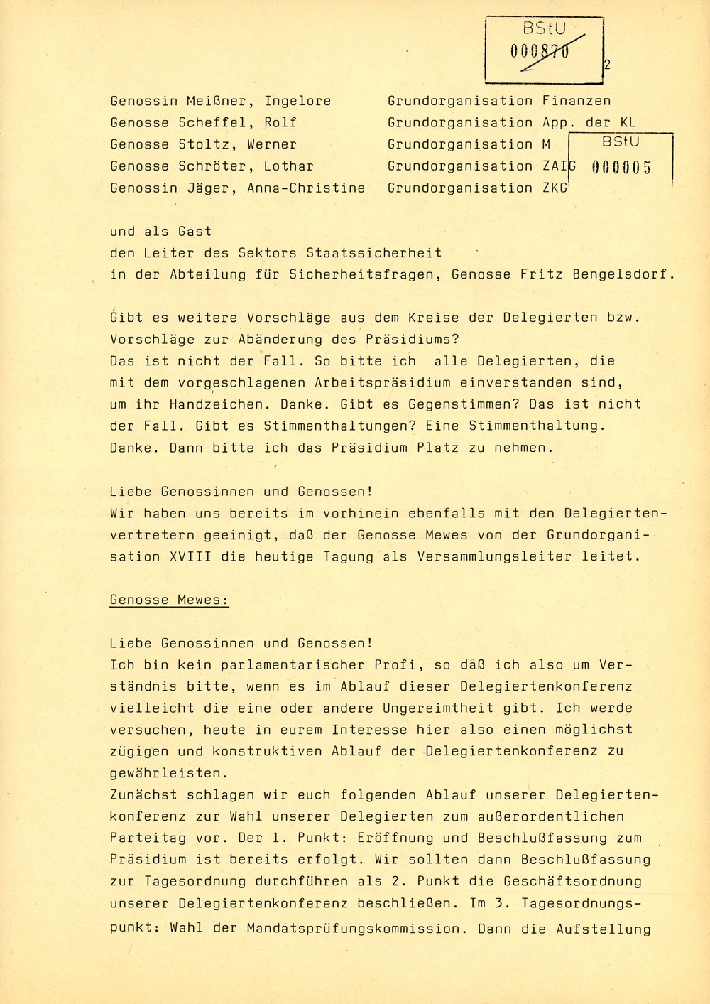 Protokoll der Delegiertenkonferenz aller Grundorganisationen der SED in der Zentrale des AfNS