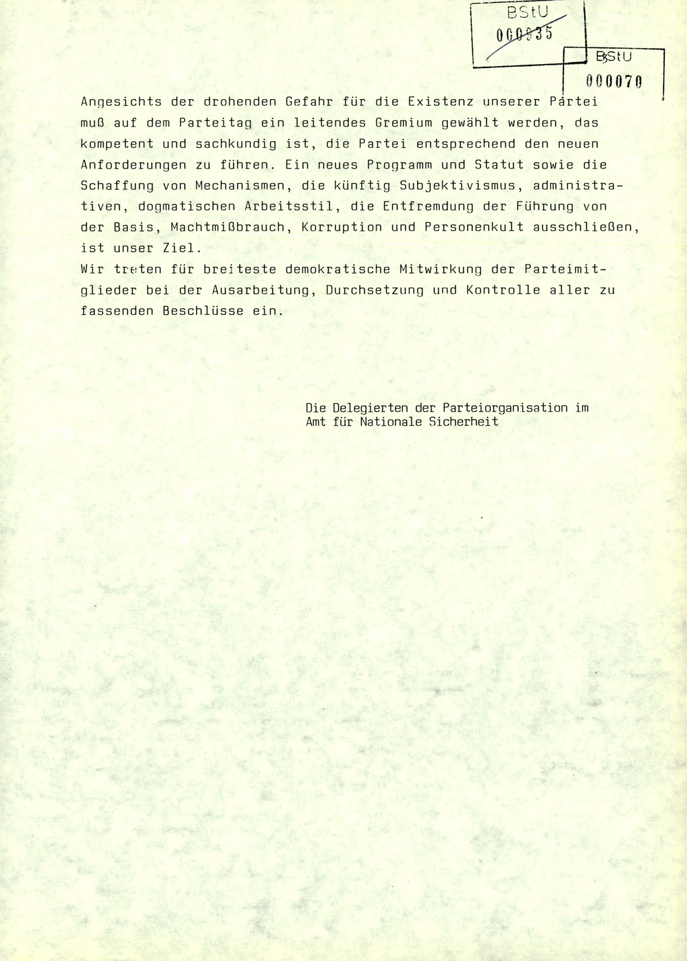Protokoll der Delegiertenkonferenz aller Grundorganisationen der SED in der Zentrale des AfNS