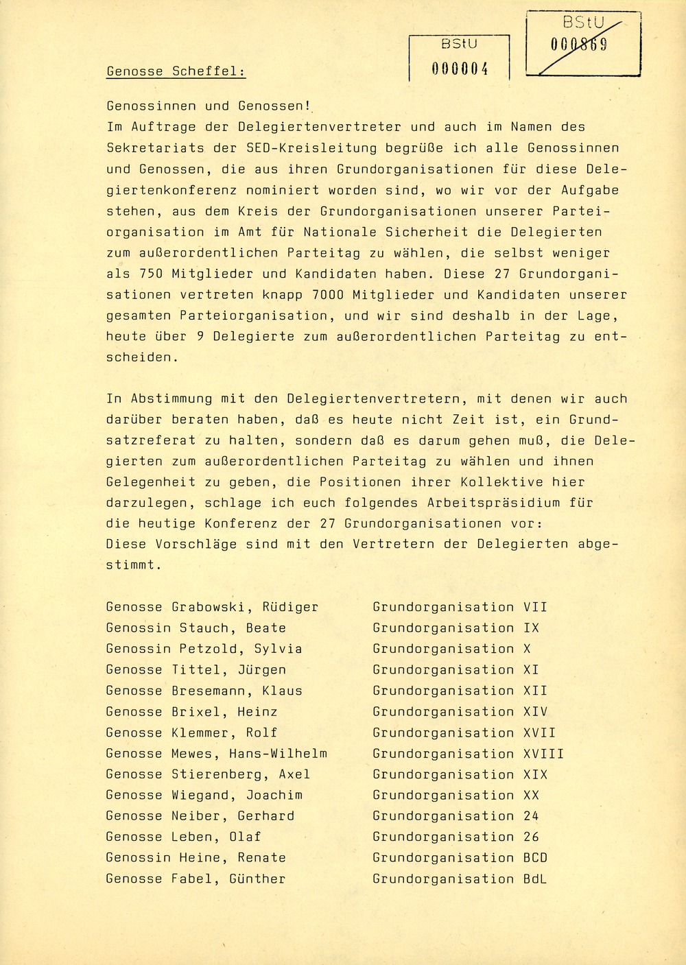 Protokoll der Delegiertenkonferenz aller Grundorganisationen der SED in der Zentrale des AfNS