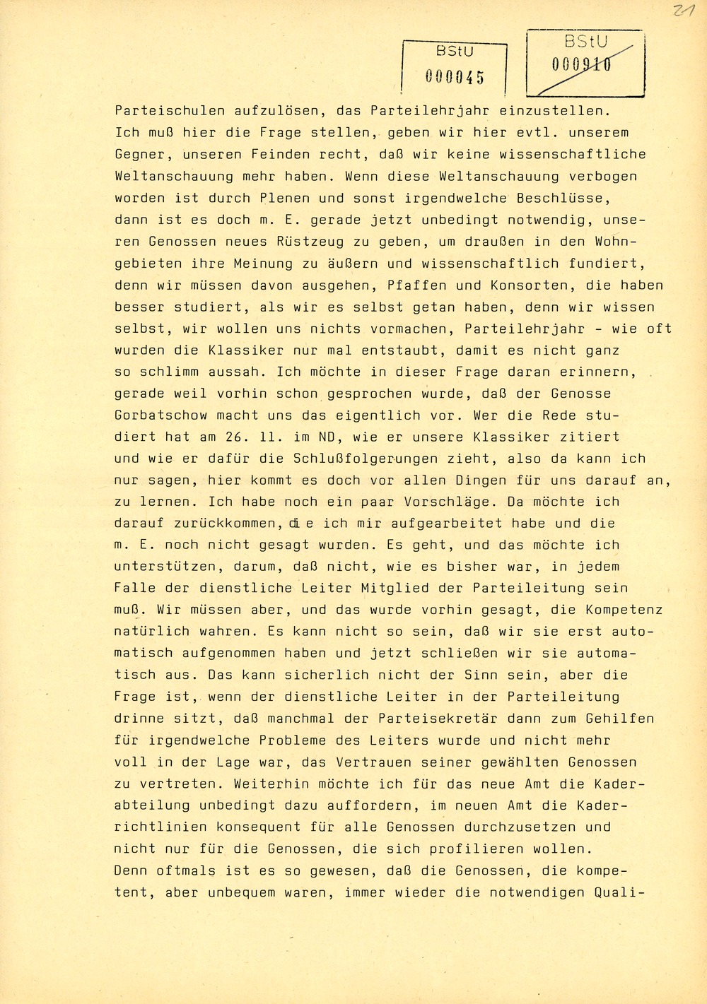Protokoll der Delegiertenkonferenz aller Grundorganisationen der SED in der Zentrale des AfNS