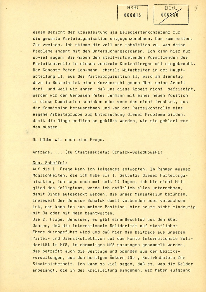 Protokoll der Delegiertenkonferenz aller Grundorganisationen der SED in der Zentrale des AfNS
