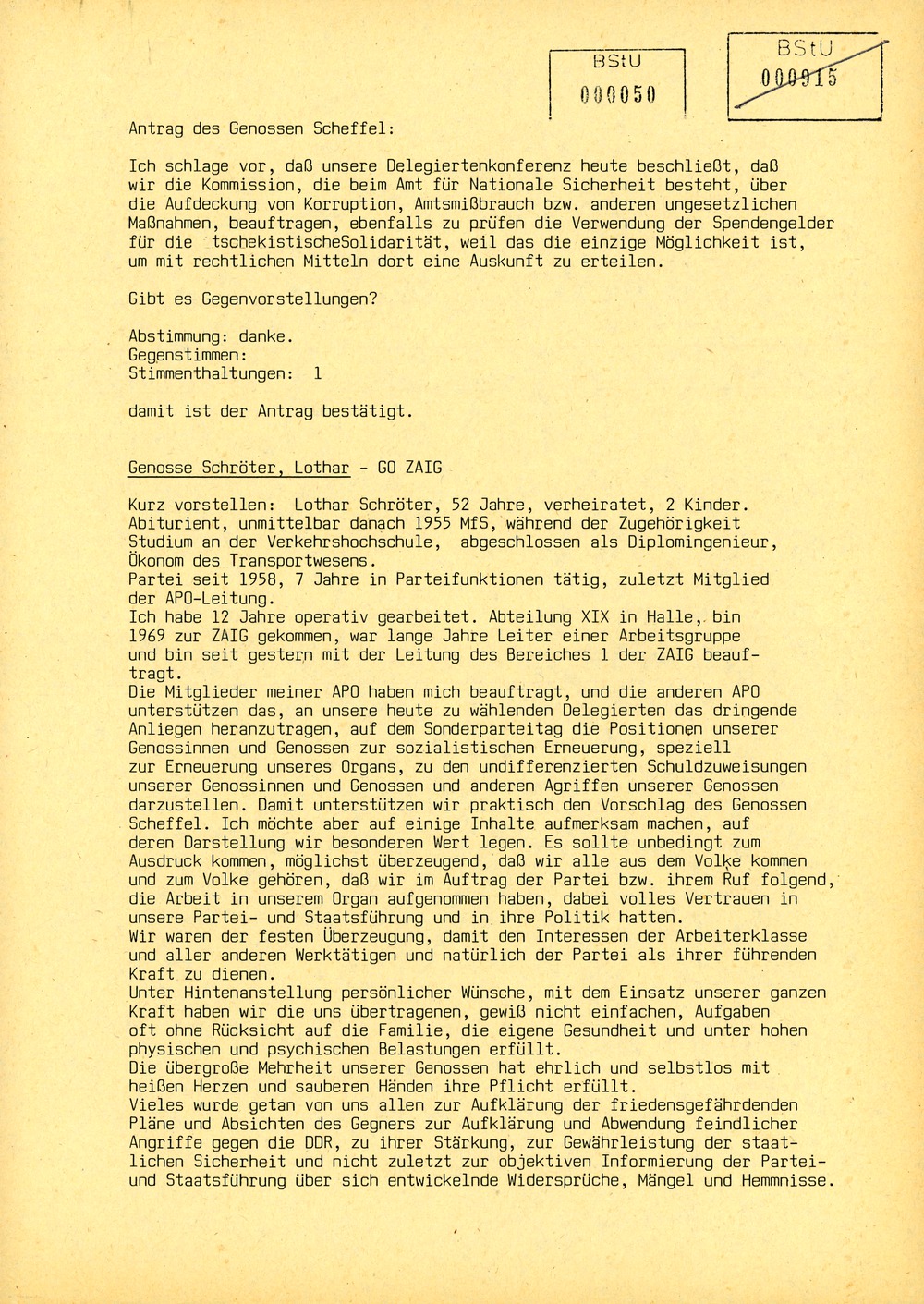 Protokoll der Delegiertenkonferenz aller Grundorganisationen der SED in der Zentrale des AfNS