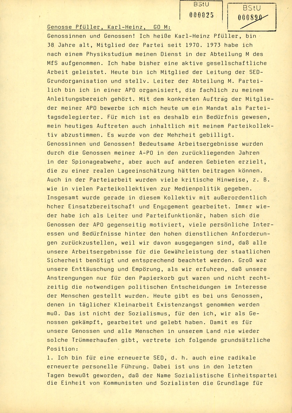 Protokoll der Delegiertenkonferenz aller Grundorganisationen der SED in der Zentrale des AfNS