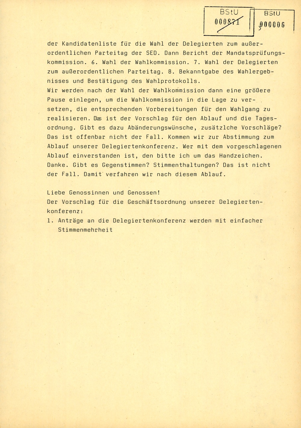Protokoll der Delegiertenkonferenz aller Grundorganisationen der SED in der Zentrale des AfNS