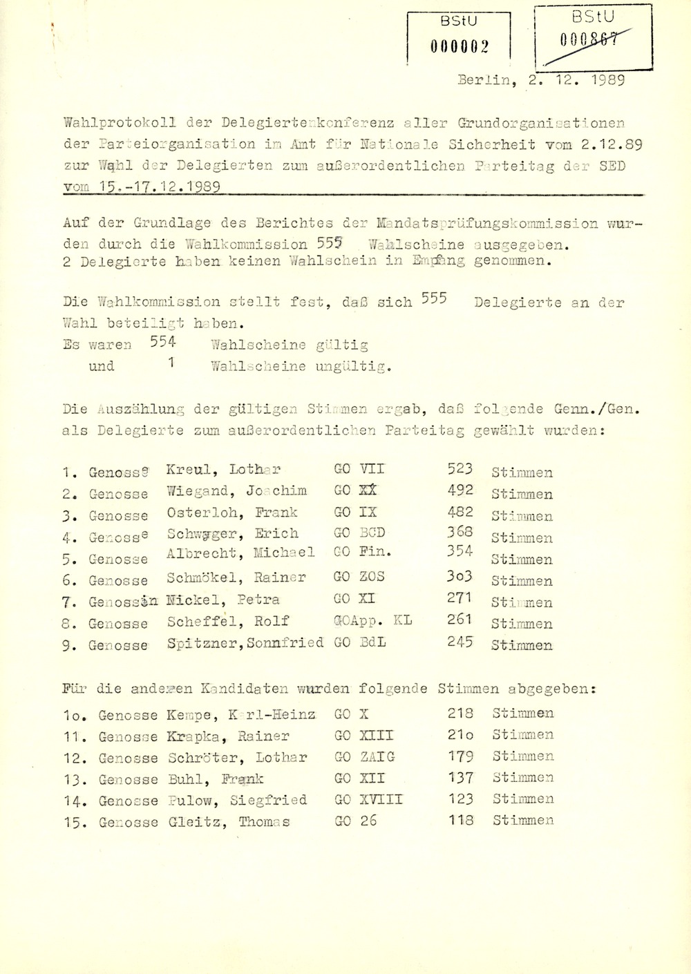 Protokoll der Delegiertenkonferenz aller Grundorganisationen der SED in der Zentrale des AfNS