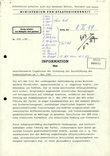 Information zum Verlauf der Kommunalwahlen am 7. Mai 1989
