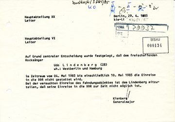 Einreiseverbot für Udo Lindenberg in die DDR