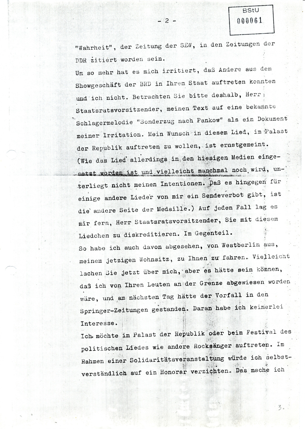 Brief von Udo Lindenberg an Erich Honecker