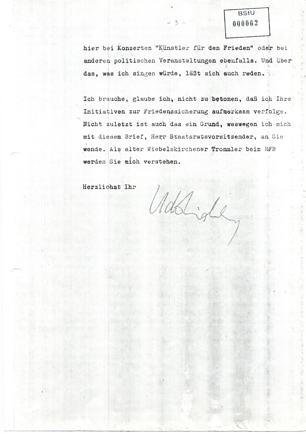 Brief von Udo Lindenberg an Erich Honecker