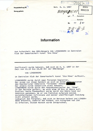 Information zu einem Aufenthalt Udo Lindenbergs in Ost-Berlin