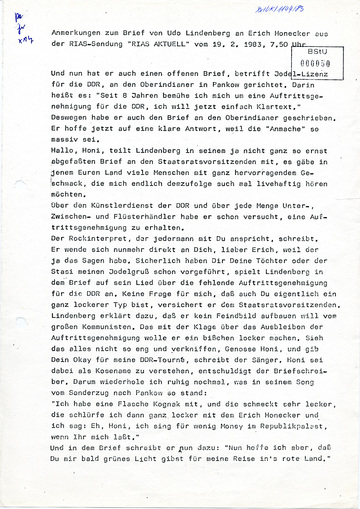 Mitschrift der Stasi von einer RIAS-Sendung zu Udo Lindenberg