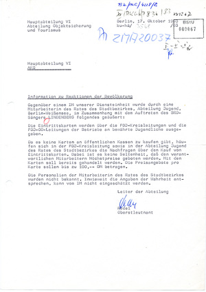 Information über die Reaktionen der Bevölkerung zum Auftritt Udo Lindenbergs in der DDR