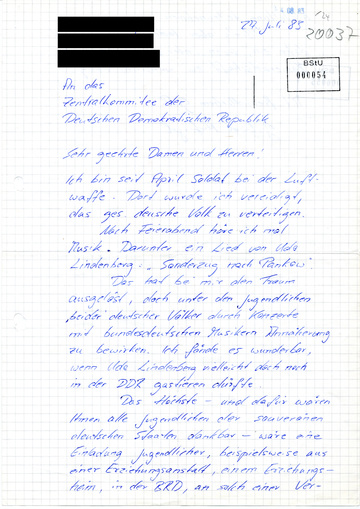 Brief eines Lindenberg-Fans aus der DDR an das Zentralkomitee der SED