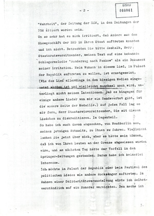 Brief von Udo Lindenberg an Erich Honecker
