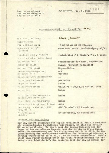 Auskunftsbericht zu einem nach Direktive 1/67 zu isolierenden DDR-Bürger