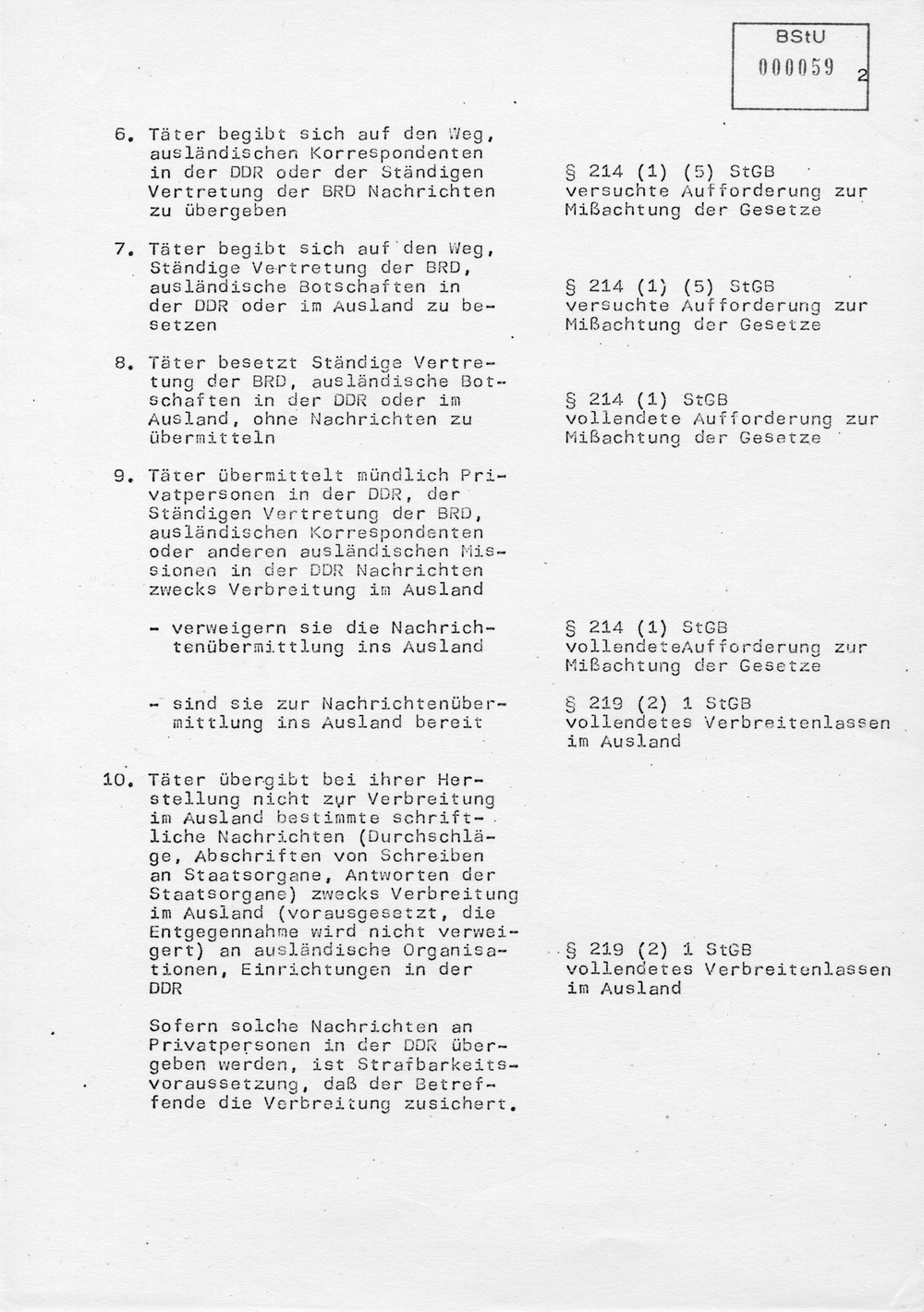 Übersicht zur rechtlichen Bewertung von Handlungen zur Erzwingung der Ausreise aus der DDR