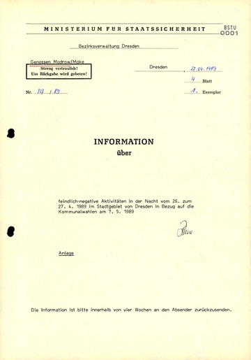 Information über "feindlich-negative Aktivitäten" im Vorfeld der Kommunalwahlen 1989 in Dresden