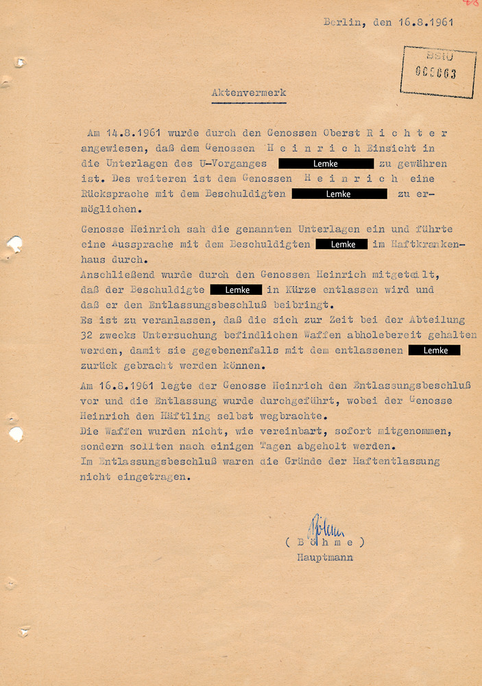 Aktenvermerk zur Haftentlassung eines Mannes aus dem Kreis Belzig