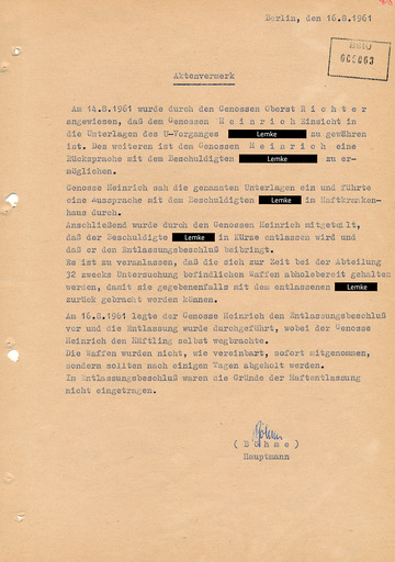 Aktenvermerk zur Haftentlassung eines Mannes aus dem Kreis Belzig