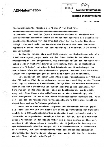 Sammlung von Pressereaktionen zum Vorgehen der DDR-Sicherheitsbehörden gegen westliche Kamerateams während des Michael-Jackson-Konzerts am 19. Juni 1988 in West-Berlin