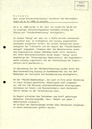 Hinweis zu einem "Pleiße-Gedenkumzug" anlässlich des Weltumwelttages am 5. Juni 1988 in Leipzig