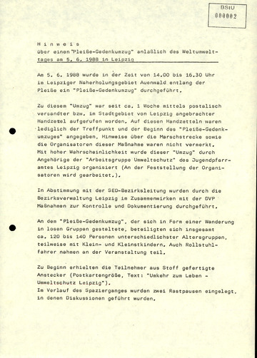 Hinweis zu einem "Pleiße-Gedenkumzug" anlässlich des Weltumwelttages am 5. Juni 1988 in Leipzig
