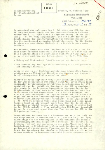 Schilderung der Ereignisse in Dresden zwischen dem 3. und 8. Oktober 1989 durch den Leiter der BVfS