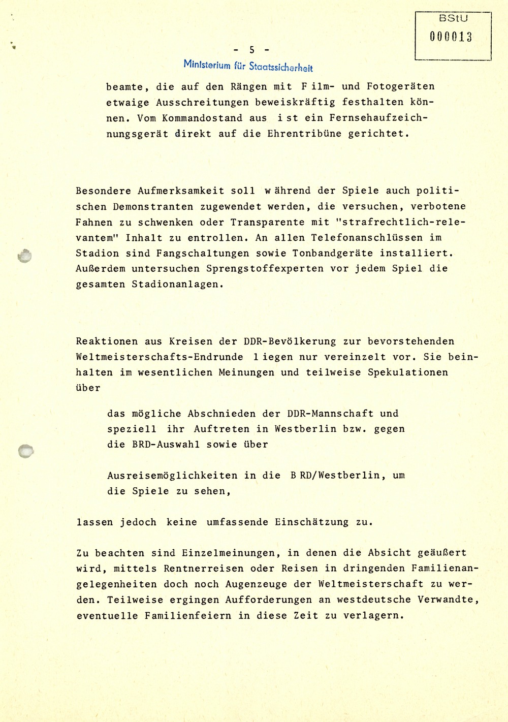 Hinweise auf Terrordrohungen zur Fußball­-Welt­meister­schaft 1974
