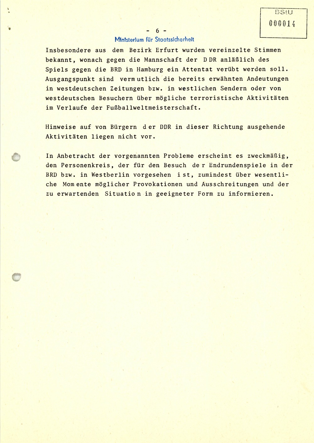 Hinweise auf Terrordrohungen zur Fußball­-Welt­meister­schaft 1974