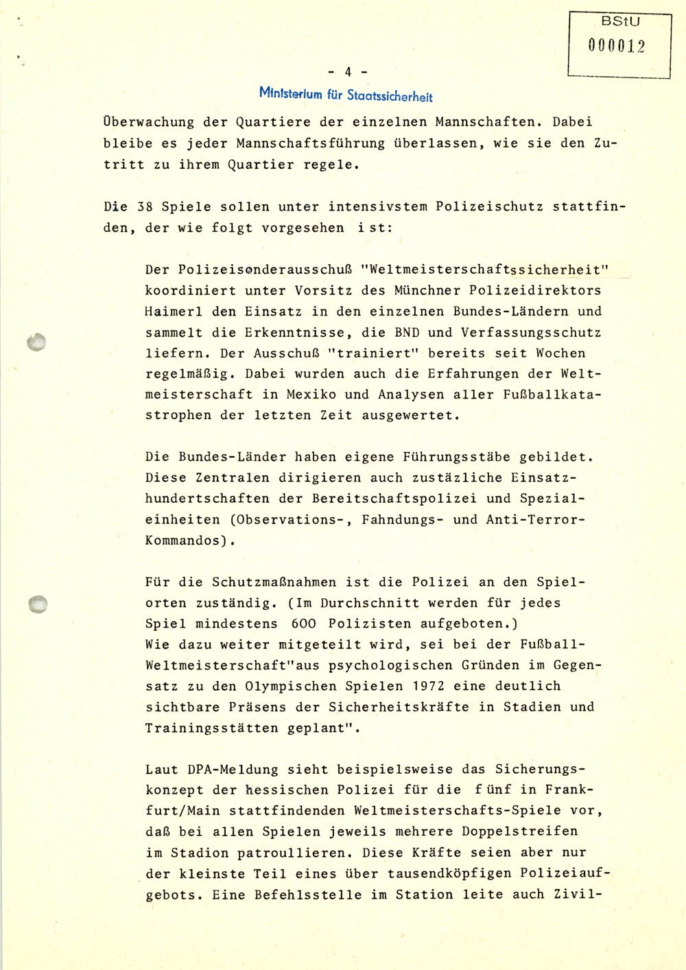 Hinweise auf Terrordrohungen zur Fußball­-Welt­meister­schaft 1974
