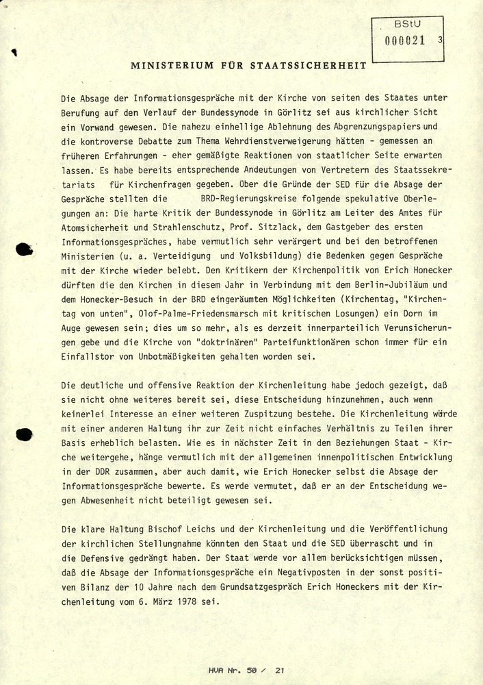 Information über interne Einschätzung von BRD-Regierungskreisen im Zusammenhang mit den Vorgängen um die Zionskirche