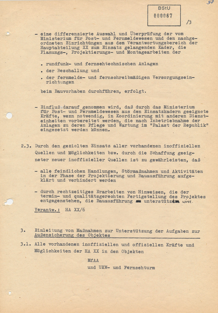 Maßnahmeplan der "politisch-operativen Sicherung" im Rahmen der Aktion "Metropole"