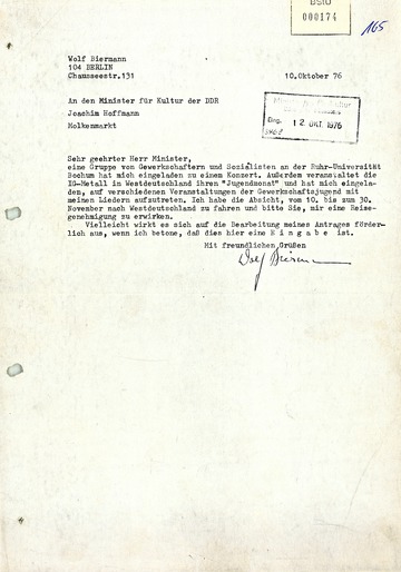 Reiseantrag Wolf Biermanns an das DDR-Kulturministerium vom 10. Oktober 1976