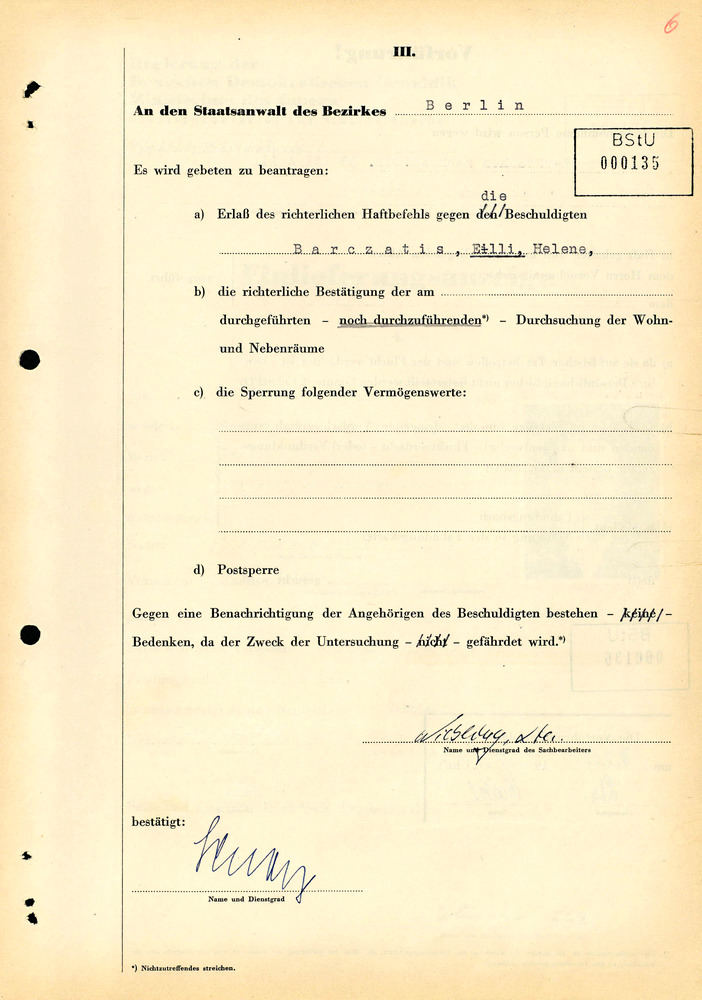 Einlieferungsanzeige von Elli Barczatis