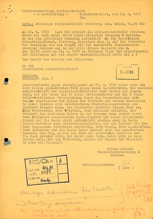 Drohbrief der "Widerstandsbewegung S Sachsen" an die Stasi-Dienststelle Freiberg