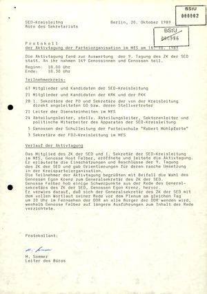 Protokoll der Aktivtagung der MfS-Parteiorganisation am 18. Oktober 1989